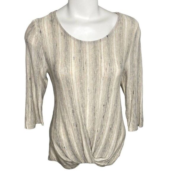 W5‎ Blouse Top Women's MEDIUM Beige White Gray Scoop-Neck Soft-Knit Twist-Front - Picture 1 of 9